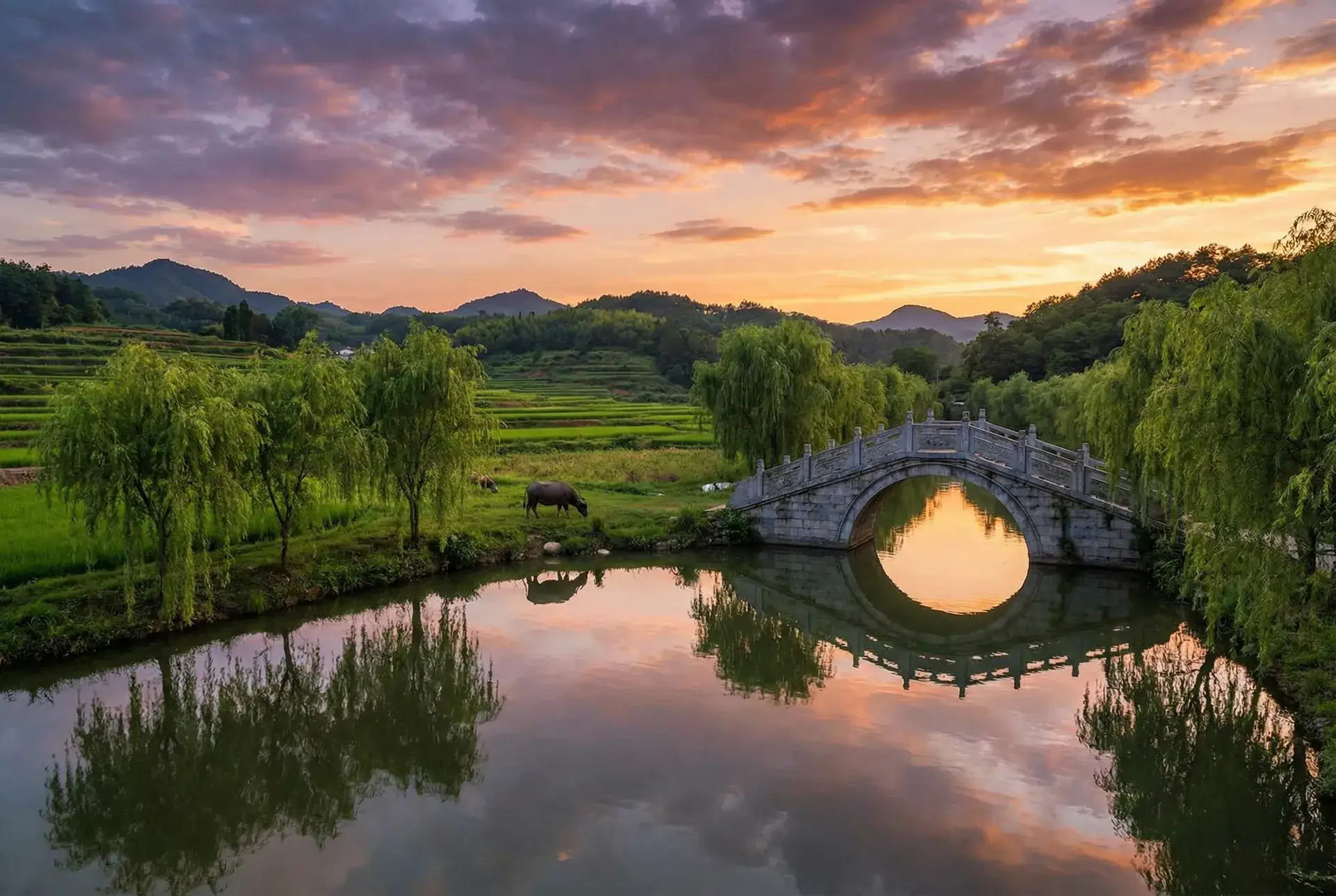 夕阳下的石拱桥与垂柳，水牛在河边吃草 - 蜜芽跳转接口点击进入网站免费 乡村美景